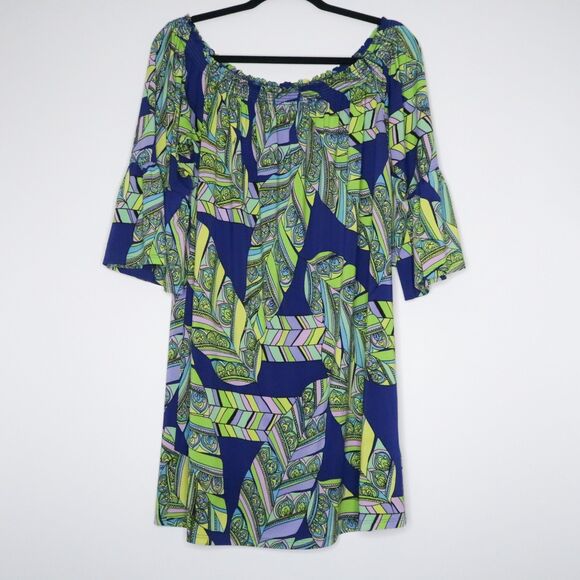 Trina Turk Womens Mini Dress Size Large Green Blue Paisley Shift Geometric‎ 70s - Picture 1 of 9